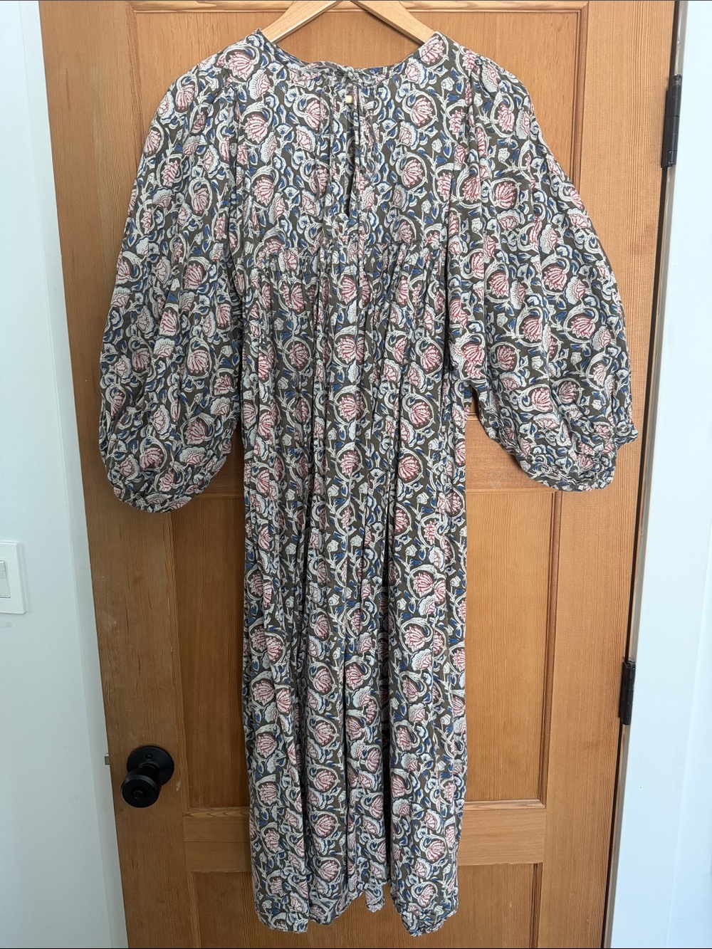 Indian block print Floral Puff-Sleeve Maxi Dress in red, brown, and Blue